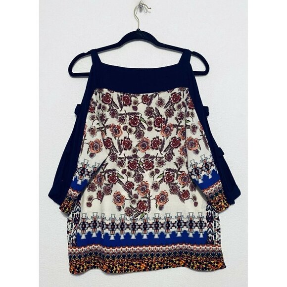 Fig and Flower Top Womens Medium Floral Border Print Ladder Cutout Sleeve Boho - Picture 5 of 9